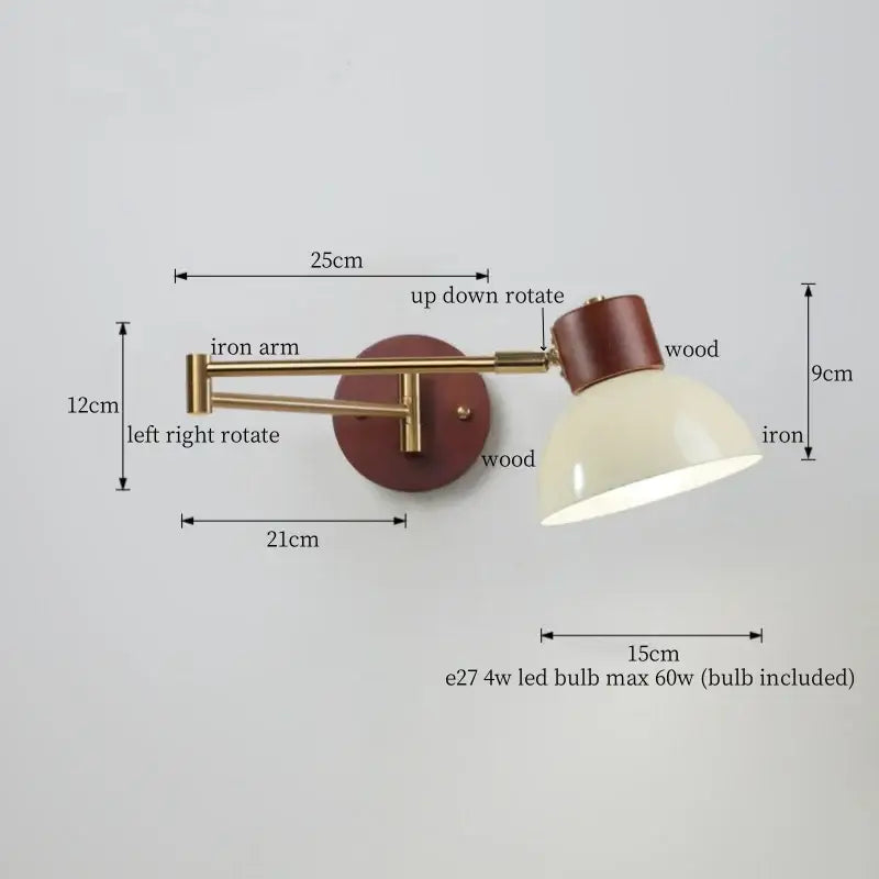 Adjustable wall lamp with brass iron arm, wooden base and shade, cream diffuser, and brown wood accents for decorbites creamy iron led