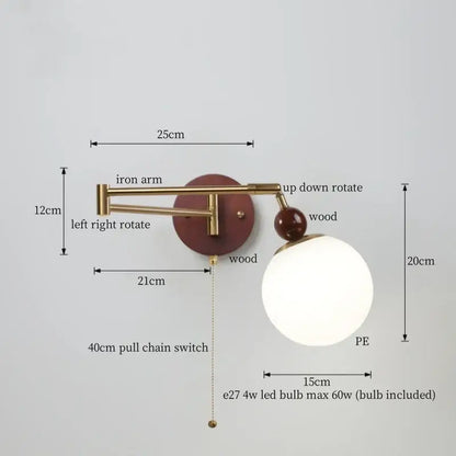 A modern adjustable wall lamp with brass iron arm, wood base, and white pe glass shade for decorbites creamy iron led