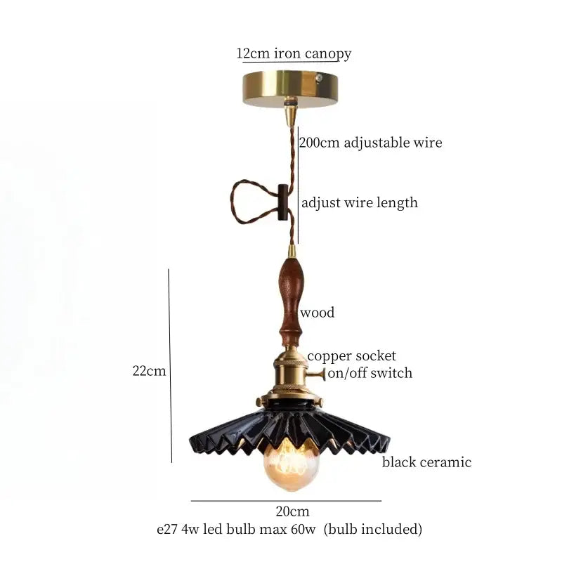Black ceramic led pendant light with wooden handle and brass accents for dining room decorbites ceramic led lighting