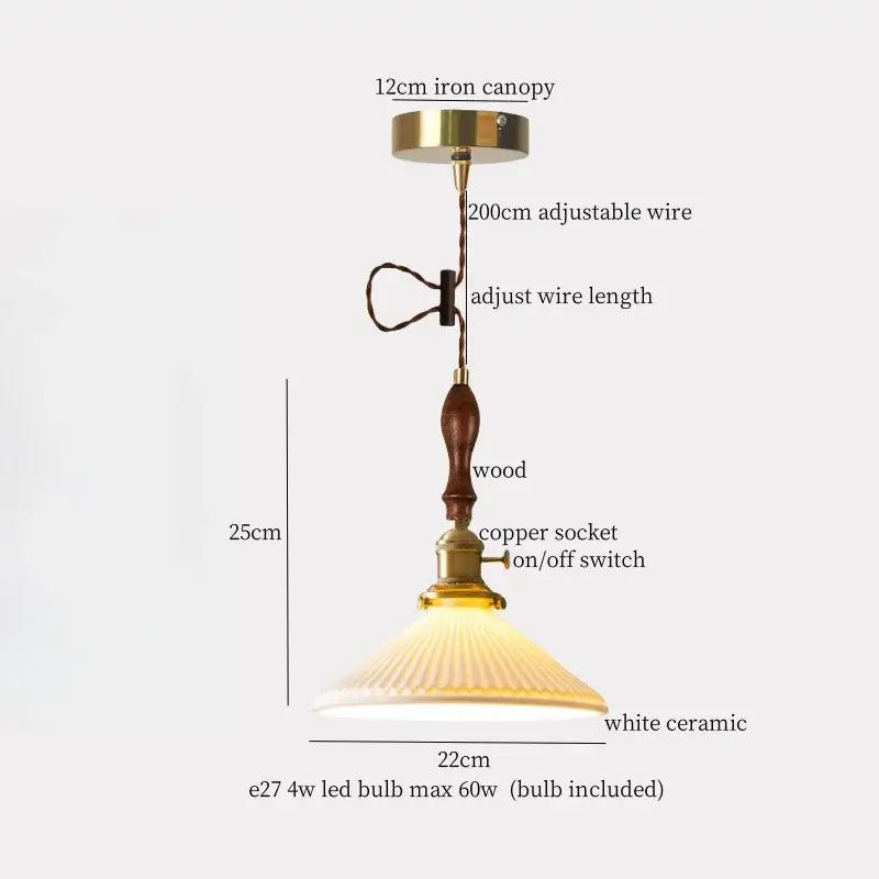 Vintage brass and off-white ceramic led pendant light with brass iron canopy and wooden handle for dining room decorbites ceramic led