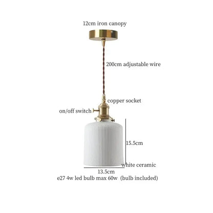 Vintage brass and off-white ceramic led pendant light with vertical ridges and braided wire suspension for dining room decorbites ceramic led pendant