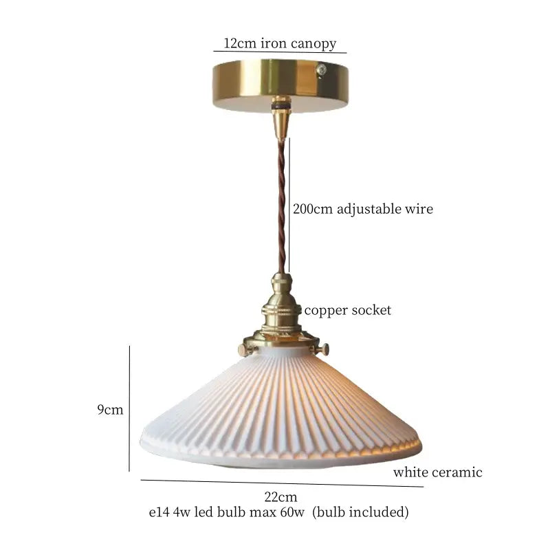 Vintage brass and off-white ceramic LED pendant light with ridged shade and adjustable copper wire for dining room decorbites ceramic led