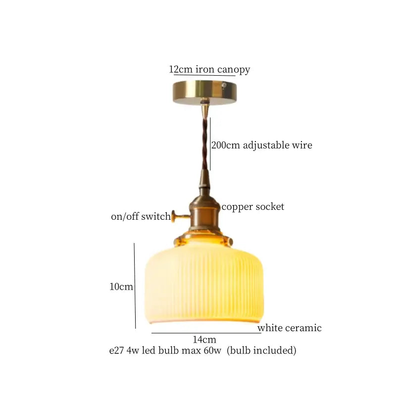 Vintage brass and off-white ceramic led pendant light with ribbed texture and brass components for dining room decorbites ceramic led