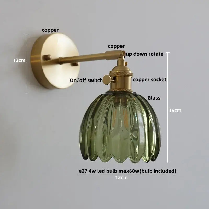 Vintage brass wall light with an olive green ribbed glass shade and pull chain for bedroom decorbites amber glass vintage style