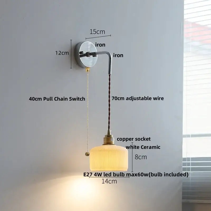 Vintage brass and ribbed glass wall sconce with white ceramic led shade and iron arm for decorbites ceramic led wall decor