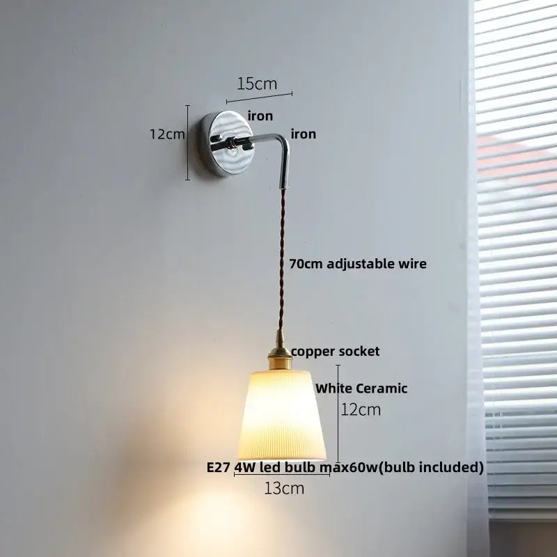 Vintage brass and ribbed glass wall sconce with a brushed iron base and ceramic led wall decorbites ceramic led shade