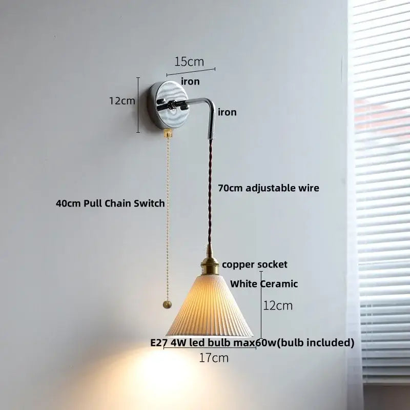 White ceramic led wall sconce with vertical ridges mounted on iron arm featuring pull chain switch for decorbites ceramic led use