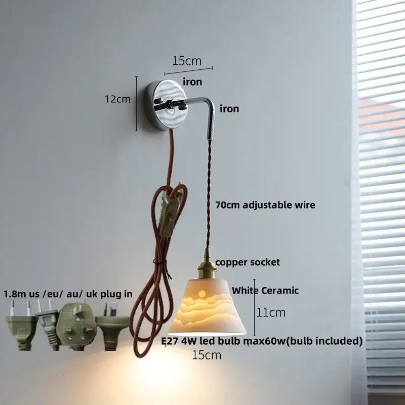 Vintage brass and white ceramic led wall sconce with ribbed glass, adjustable wire, and decorbites ceramic led bulb