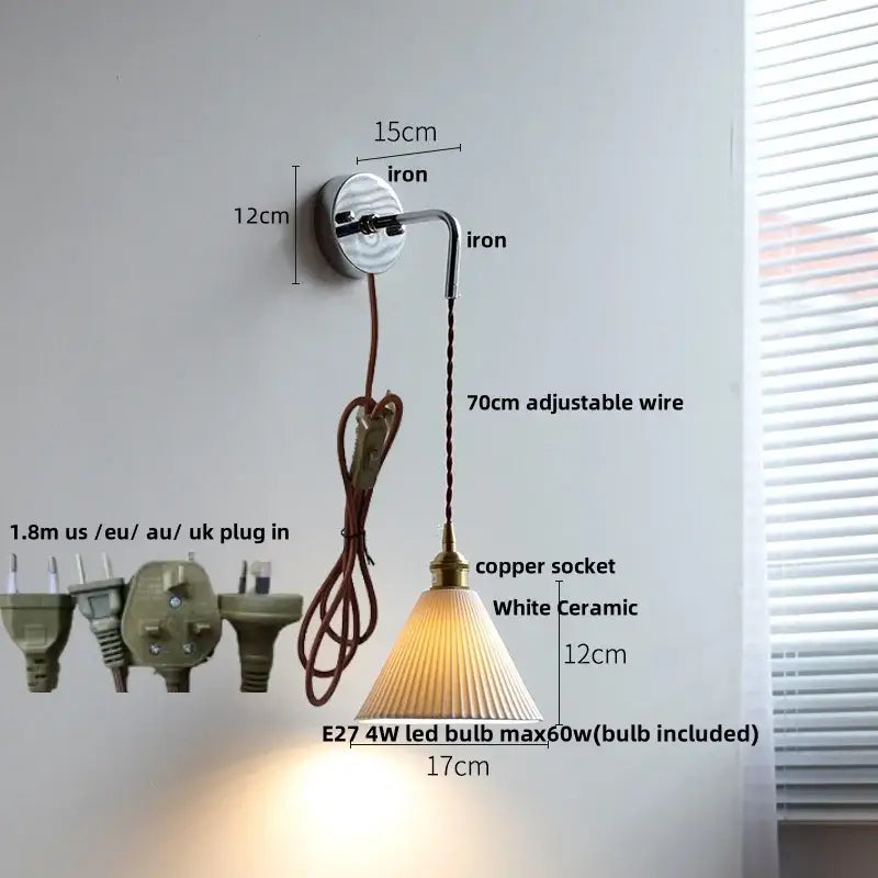 White ceramic pendant lamp with fluted ribbed shade and brass copper socket for decorbites ceramic led wall sconce