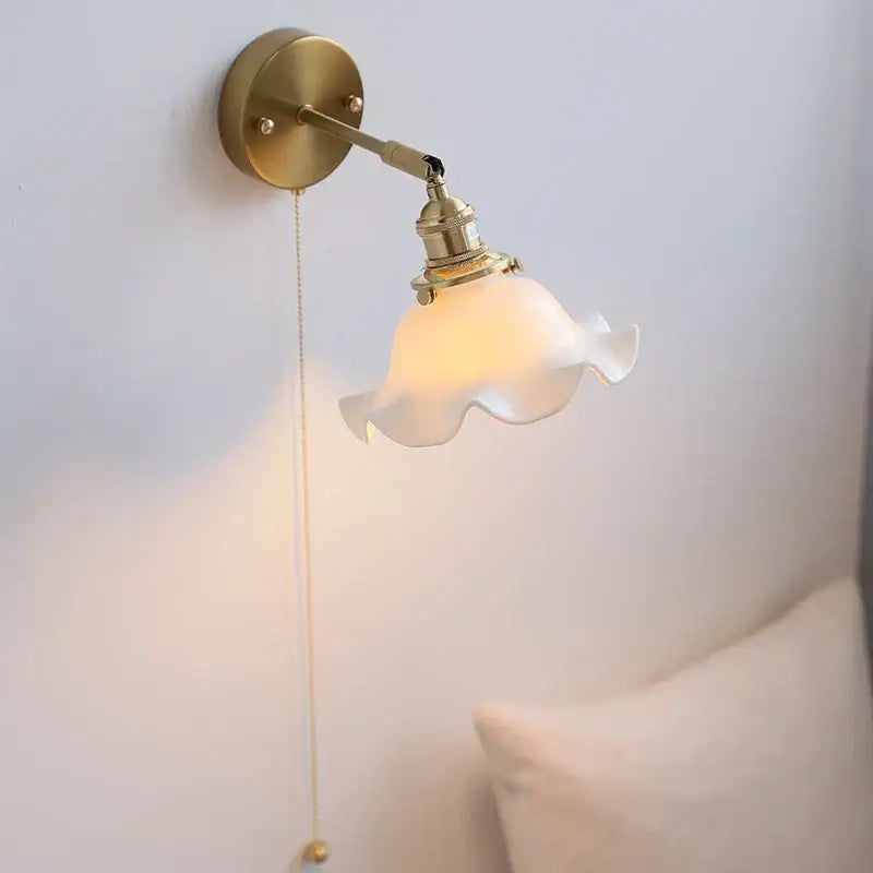 Vintage brass wall light with ruffled white glass shade in ceramic led wall design for decorbites bathroom mirror use
