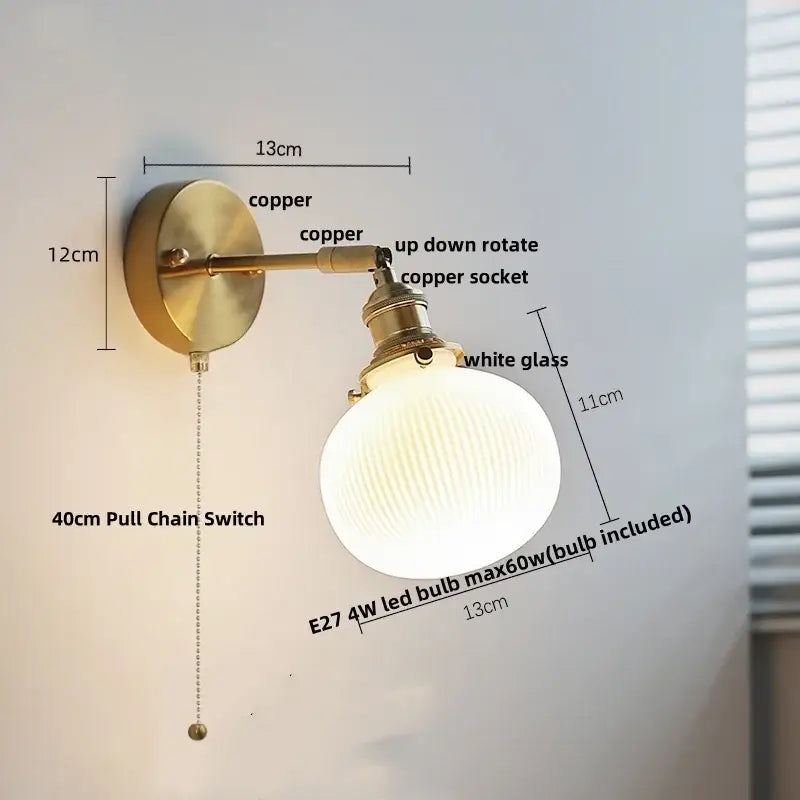 Vintage brass ceramic led wall light with copper adjustable arm and ribbed white ruffled glass globe for bathroom decorbites ceramic led use