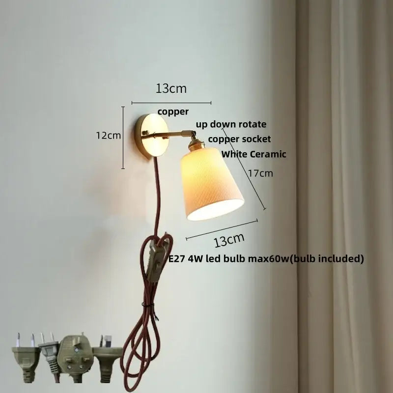 Copper wall light with white ceramic led ruffled glass shade and e27 4w bulb for decorbites ceramic led wall use