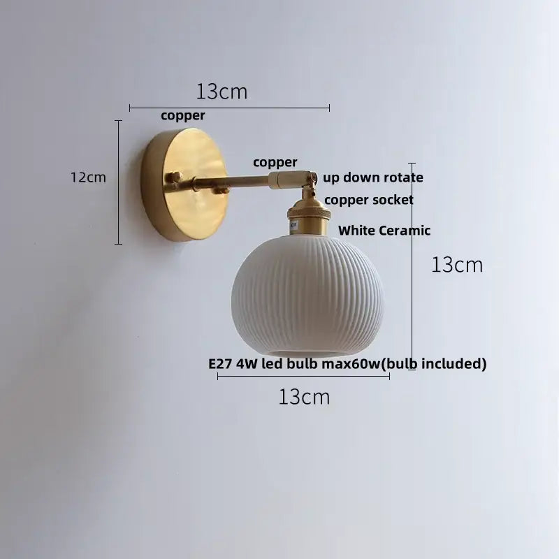 Vintage brass and ruffled glass decorbites ceramic led wall light with white ribbed globe and brass copper arm for bathroom mirror