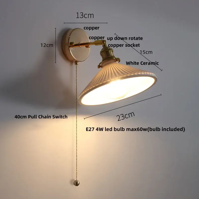 Vintage brass ceramic led wall light with copper-finished bracket and white ruffled glass ceramic lampshade decorbites ceramic led