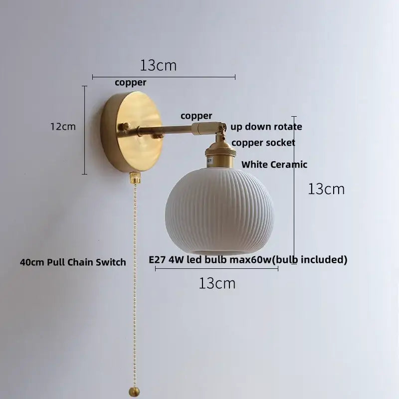 Vintage brass ceramic led wall light with polished copper arm and white ruffled glass globe for bathroom mirror decorbites