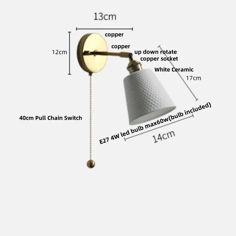 Vintage brass and ruffled glass white ceramic led wall light with textured diamond decorbites ceramic led shade