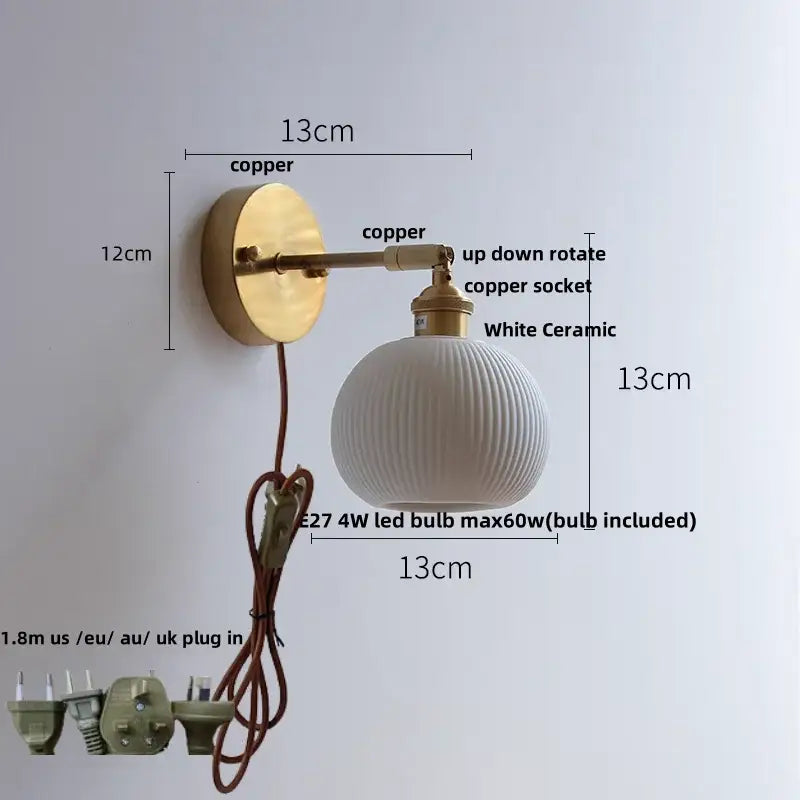 A sleek copper vintage brass ceramic led wall light with a white ridged ceramic globe for bathroom mirror decorbites ceramic led