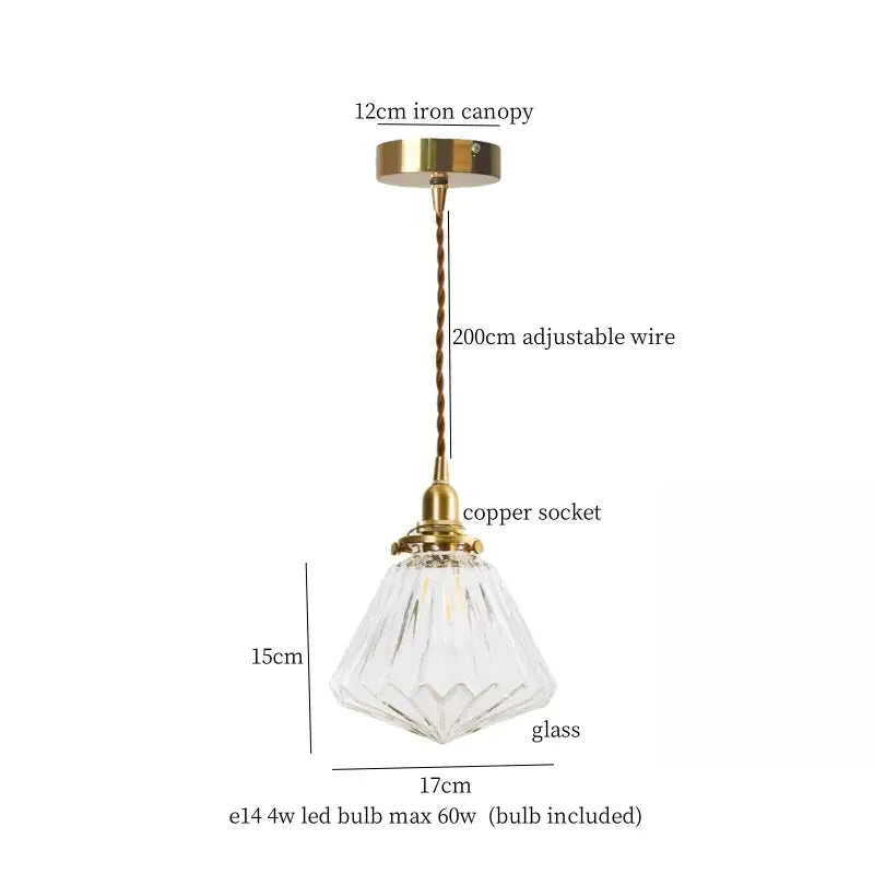 Vintage brass and textured glass led pendant lamp with faceted glass and copper socket for dining room lighting