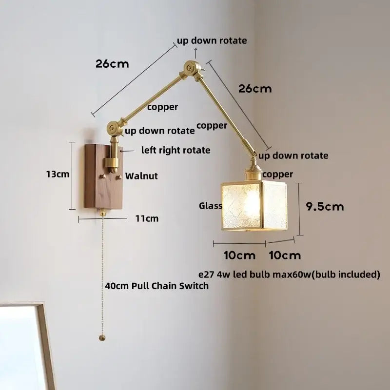 Adjustable copper wall light with walnut base and frosted glass shade featuring pull chain switch for bedroom use