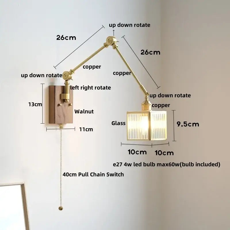 Adjustable copper wall light with walnut base and ribbed glass shade featuring a pull chain switch for bedroom use