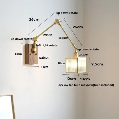 Adjustable copper wall light with walnut base and ribbed glass shade featuring a pull chain switch for bedroom use