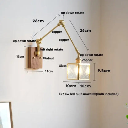 Adjustable vintage brass and walnut wall light with copper sconce, textured glass shade, and pull chain switch for bedroom