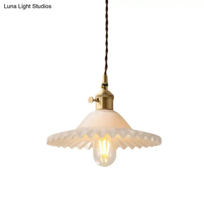DecorBites™ Chloe scalloped pendant light with industrial brass fixture and off-white frosted glass shade