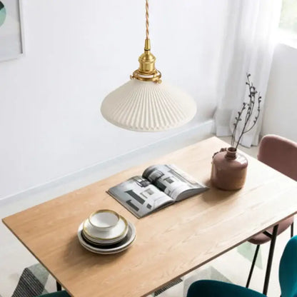 Vintage brass pendant light with cream pleated glass white shade and twisted cord for dining room with polished copper accents