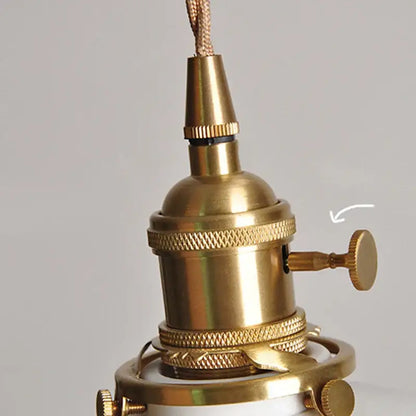 Vintage brass pendant light socket with textured ridged bands and side knob for white shade dining room lighting