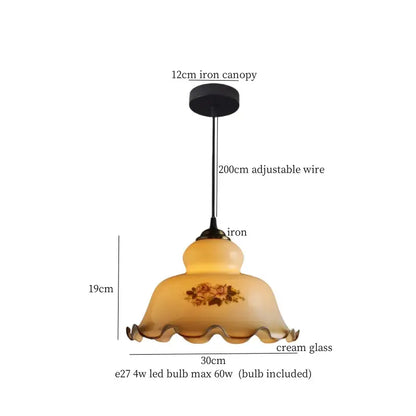 Vintage brass and wood glass led pendant flower with cream ruffled floral shade and iron canopy bedroom pendant light