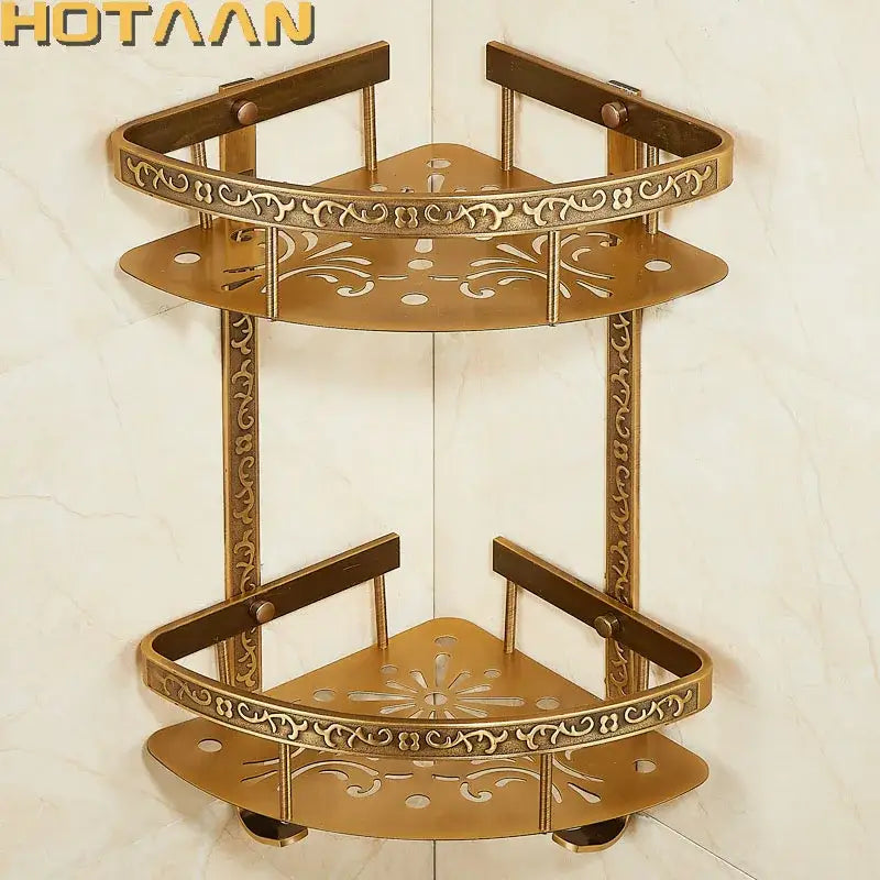 Brass bathroom accessories set vintage ornate two-tier corner shower caddy with floral cutouts by decorbites brass bathroom