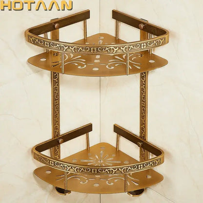 Brass bathroom accessories set vintage ornate two-tier corner shower caddy with floral cutouts by decorbites brass bathroom