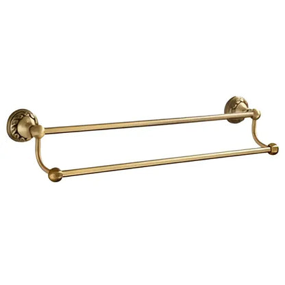 Vintage brass bathroom accessories set featuring a brass double towel rack with ornate decorative end caps for decorbites brass bathroom