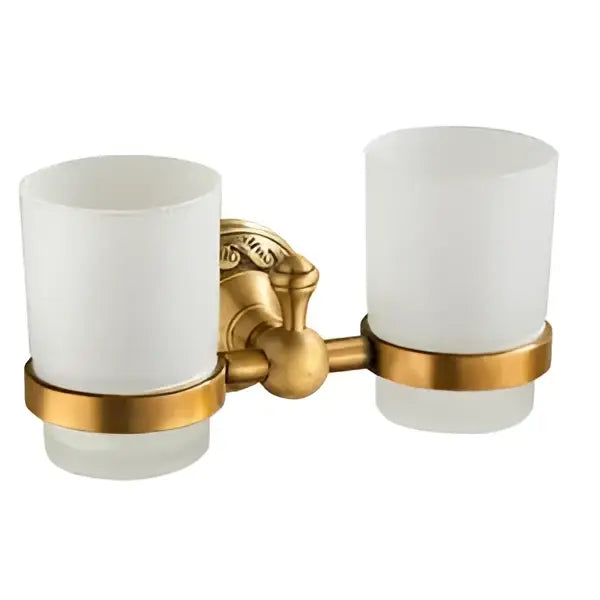 Gold-toned brass bathroom double toothbrush holder with frosted white cups from vintage brass bathroom accessories set