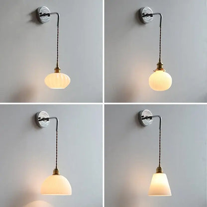 Vintage brass ceramic led wall lamp with curved metal arm and ribbed frosted glass shades for bedroom decorbites ceramic led wall