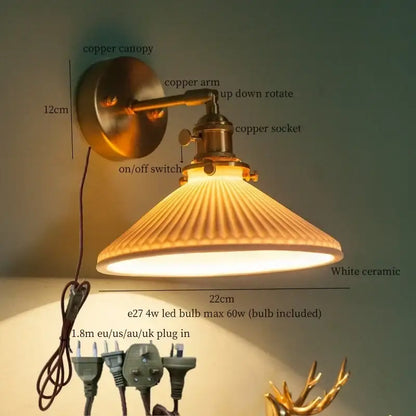 Vintage brass ceramic led wall lamp with pull chain switch featuring a white ridged ceramic shade and brass copper canopy