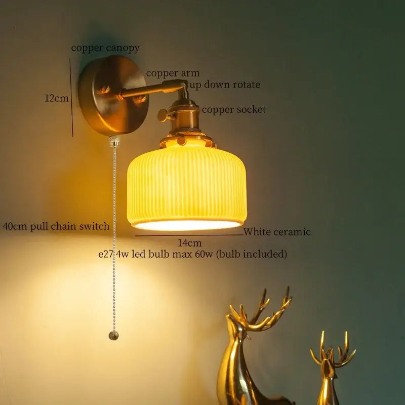 Vintage brass ceramic led wall lamp with warm yellow ribbed ceramic shade and pull chain switch for bedroom decorbites brass ceramic