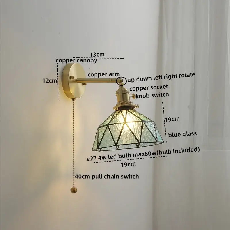 Vintage brass ceramic led wall light with a brass-finished copper arm and geometric blue stained glass shade for decorbites ceramic led wall use