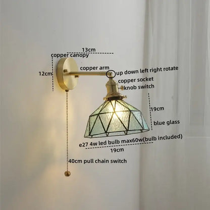 Vintage brass ceramic led wall light with a brass-finished copper arm and geometric blue stained glass shade for decorbites ceramic led wall use