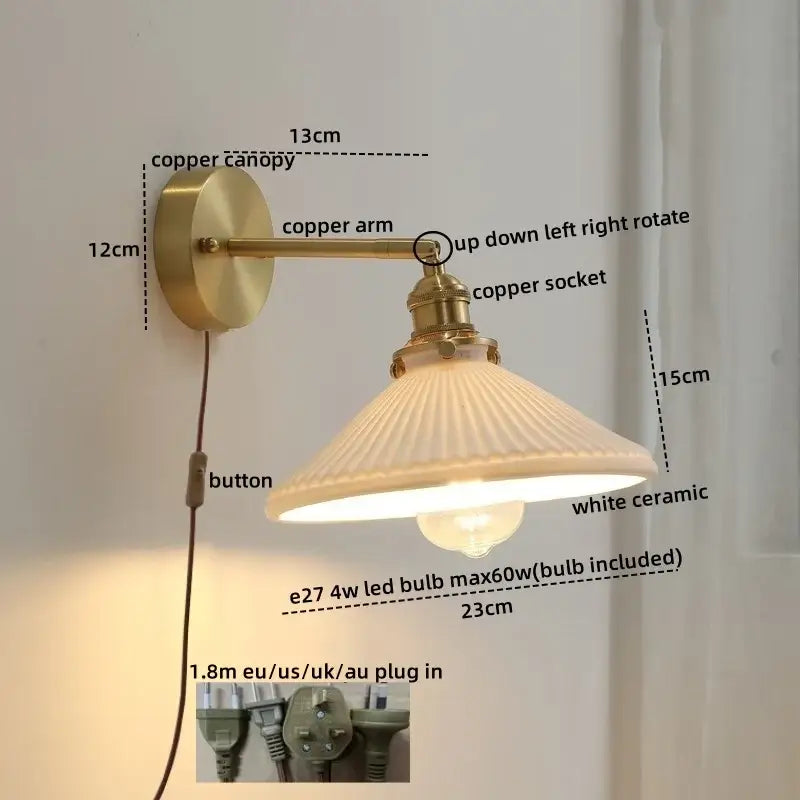Vintage brass ceramic led wall light with ribbed glass shade and copper canopy for bedroom decorbites ceramic led wall
