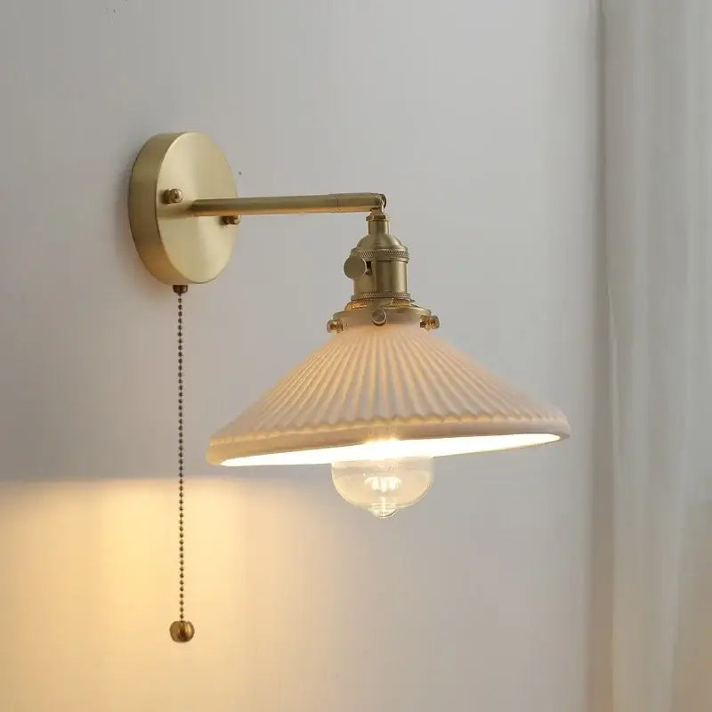 Antique brass vintage ceramic led wall light with cream ribbed glass shade and exposed bulb for bedroom decorbites ceramic led wall