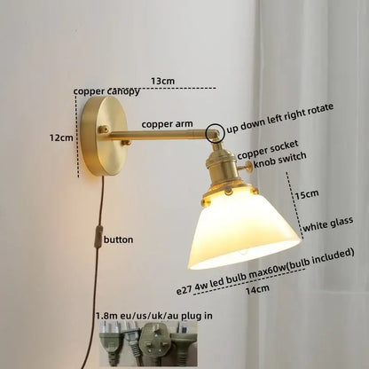Vintage brass ceramic led wall light with brass-finished copper sconce and white ribbed glass shade for bedroom decorbites ceramic led wall