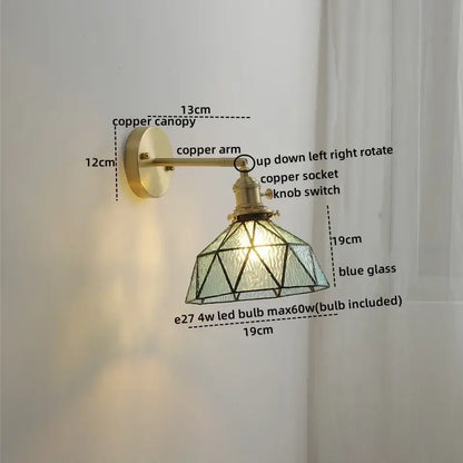 Vintage brass ceramic led wall light with a copper geometric blue glass shade for stylish bedroom decorbites ceramic led wall use