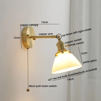 Vintage brass ceramic led wall light with a ribbed white glass shade and copper arm bedroom sconce decorbites ceramic led wall