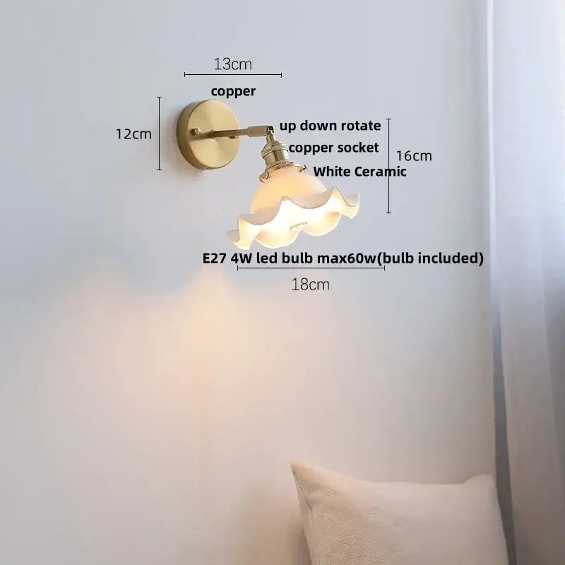 Copper-finished vintage brass ceramic led wall light with white scalloped ceramic led wall lampshade for bedroom decorbites ceramic led