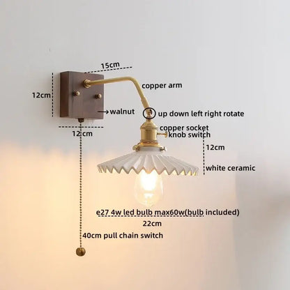 Vintage brass ceramic led wall sconce with walnut mounting plate and white ceramic shade for bedroom decorbites ceramic led wall