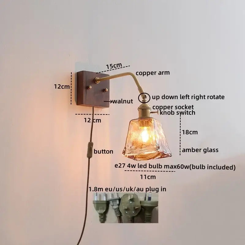 Copper-arm wall sconce with faceted amber glass shade and walnut mount by decorbites ceramic led wall lighting