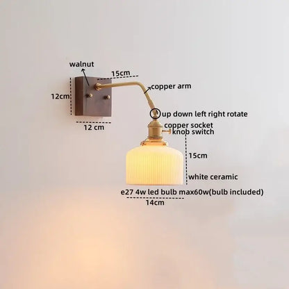 Vintage brass ceramic led wall sconce with walnut finish, copper arm, and ribbed white ceramic lampshade for decorbites ceramic led wall decor