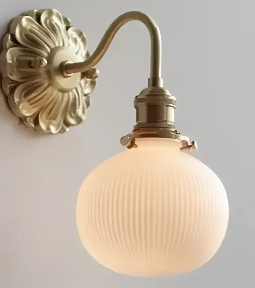 Antique brass vintage wall lamp with ribbed frosted glass globe and knob switch for decorbites ceramic wall sconce