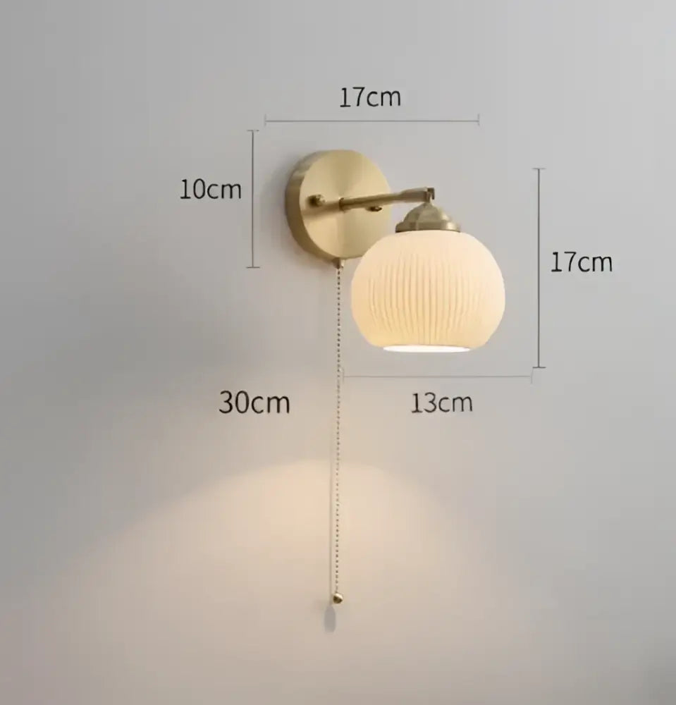 Vintage brass ceramic wall lamp with knob switch and ribbed off-white glass shade for bedroom decorbites ceramic wall use